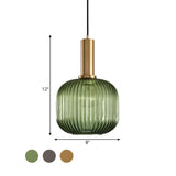 Modern Green Ribbed Glass Cylinder Bedroom Pendant Light Image - 30