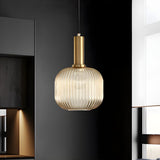 Modern Green Ribbed Glass Cylinder Bedroom Pendant Light Image - 36