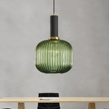 Modern Green Ribbed Glass Cylinder Bedroom Pendant Light Image - 39