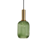 Modern Green Ribbed Glass Cylinder Bedroom Pendant Light Image - 4