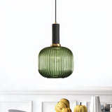 Modern Green Ribbed Glass Cylinder Bedroom Pendant Light Image - 40