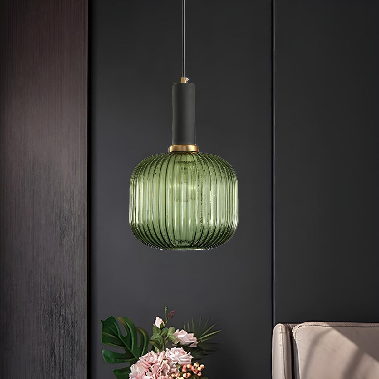 Modern Green Ribbed Glass Cylinder Bedroom Pendant Light Image - 41