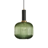 Modern Green Ribbed Glass Cylinder Bedroom Pendant Light Image - 42