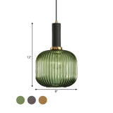 Modern Green Ribbed Glass Cylinder Bedroom Pendant Light Image - 43