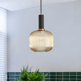 Modern Green Ribbed Glass Cylinder Bedroom Pendant Light Image - 49