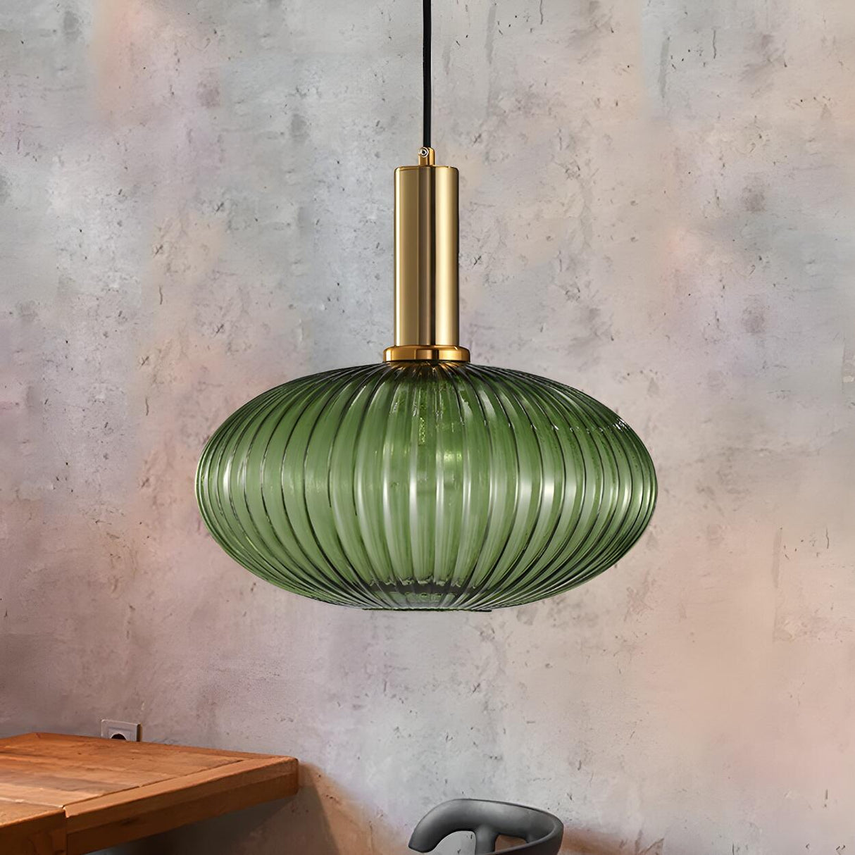 Modern Green Ribbed Glass Cylinder Bedroom Pendant Light Image - 52