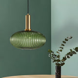 Modern Green Ribbed Glass Cylinder Bedroom Pendant Light Image - 53