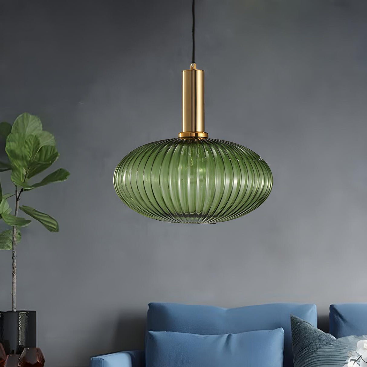 Modern Green Ribbed Glass Cylinder Bedroom Pendant Light Image - 54