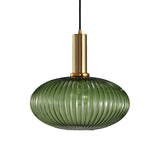 Modern Green Ribbed Glass Cylinder Bedroom Pendant Light Image - 55