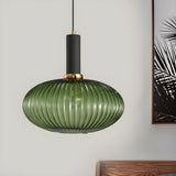 Modern Green Ribbed Glass Cylinder Bedroom Pendant Light Image - 64