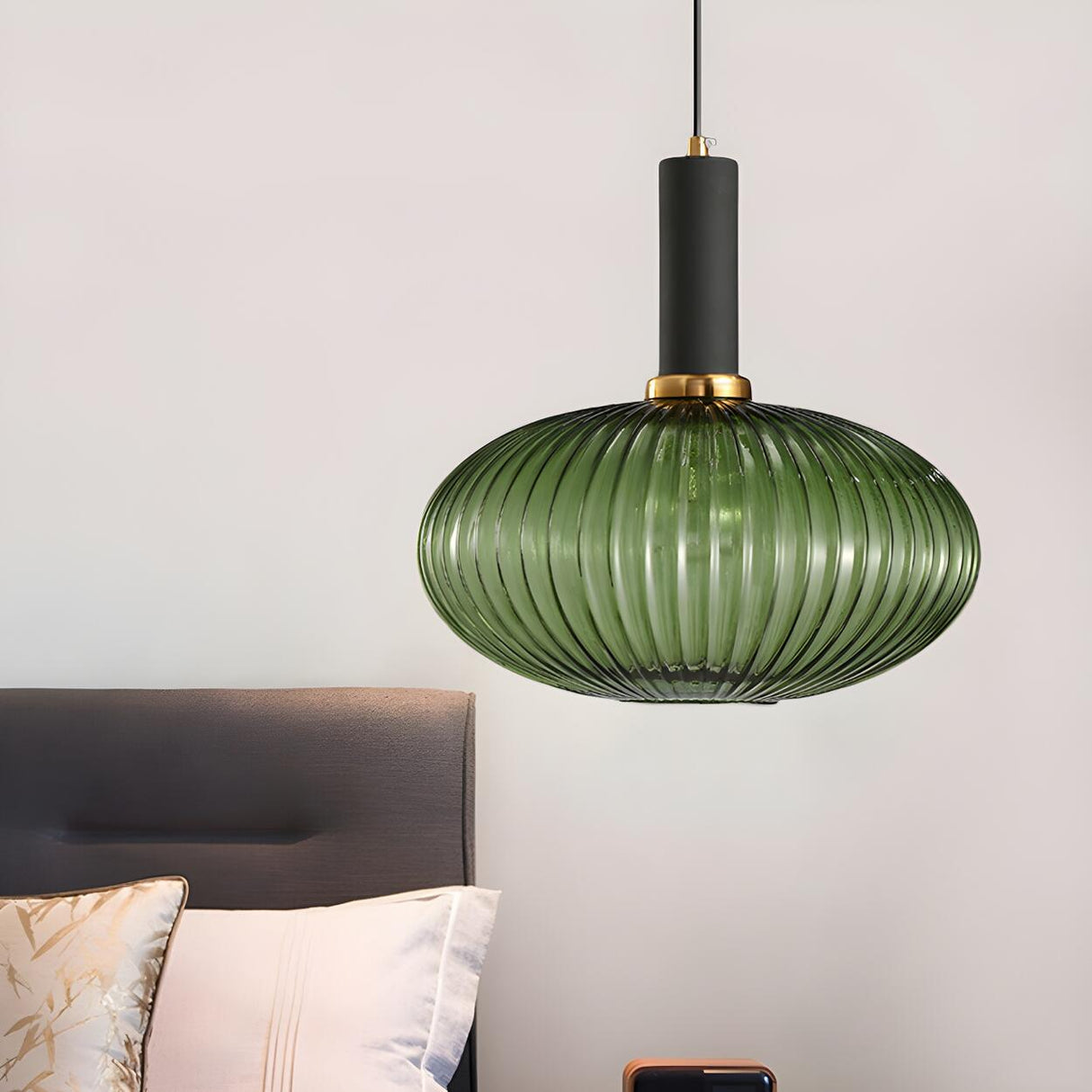 Modern Green Ribbed Glass Cylinder Bedroom Pendant Light Image - 65