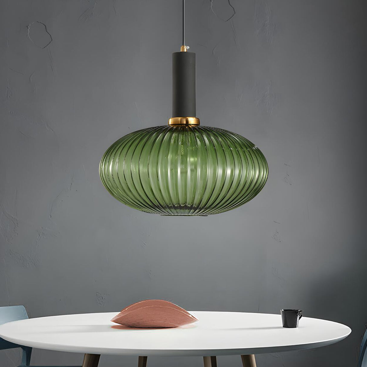 Modern Green Ribbed Glass Cylinder Bedroom Pendant Light Image - 66