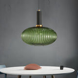 Modern Green Ribbed Glass Cylinder Bedroom Pendant Light Image - 66