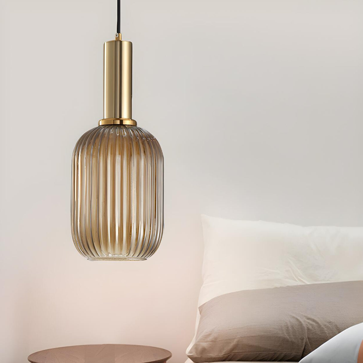 Modern Green Ribbed Glass Cylinder Bedroom Pendant Light Image - 9