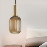 Modern Green Ribbed Glass Cylinder Bedroom Pendant Light Image - 9