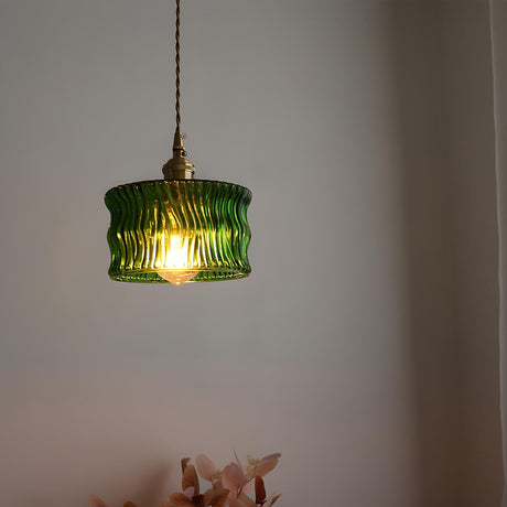 Modern Green Ruffled Glass Cylinder Pendant Light Image - 1