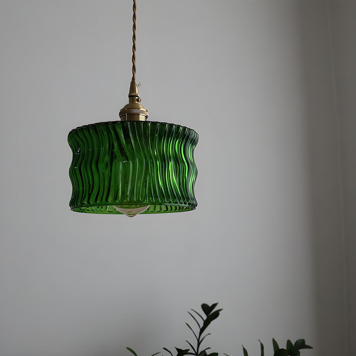 Modern Green Ruffled Glass Cylinder Pendant Light Image - 11