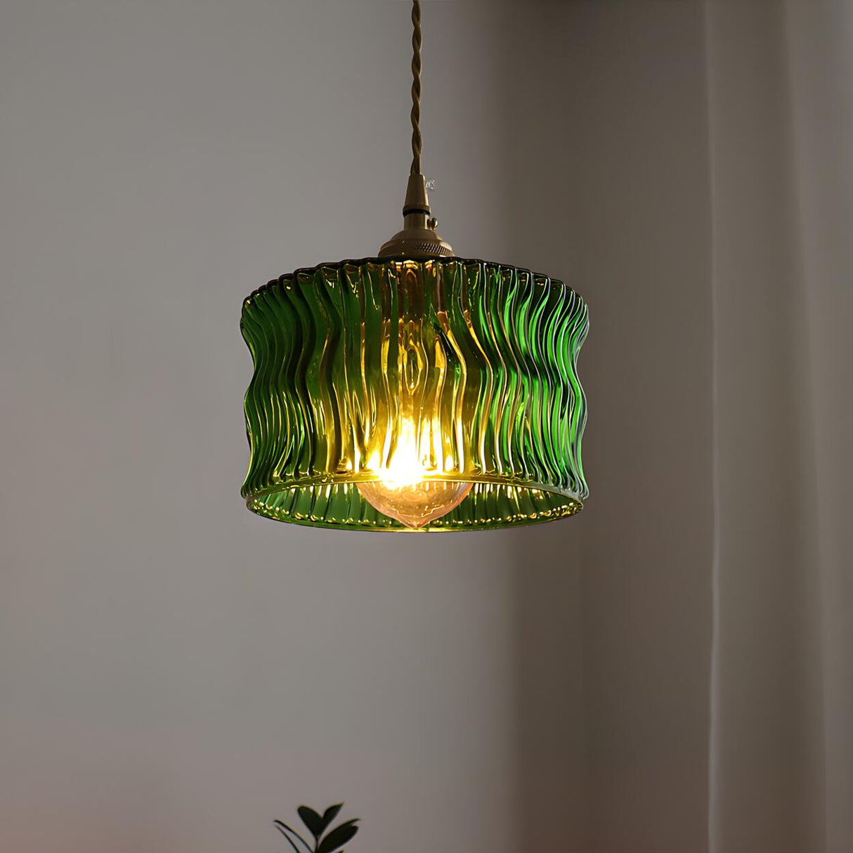 Modern Green Ruffled Glass Cylinder Pendant Light Image - 13