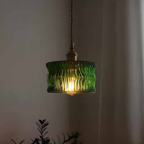 Modern Green Ruffled Glass Cylinder Pendant Light Image - 2