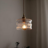 Modern Green Ruffled Glass Cylinder Pendant Light Image - 3