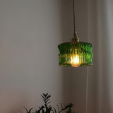 Modern Green Ruffled Glass Cylinder Pendant Light Image - 4