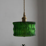 Modern Green Ruffled Glass Cylinder Pendant Light Image - 5