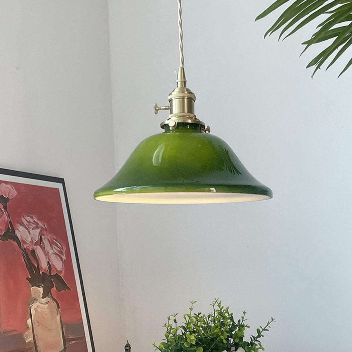 Modern Green White Glass Dome Metal Pendant Light Image - 2