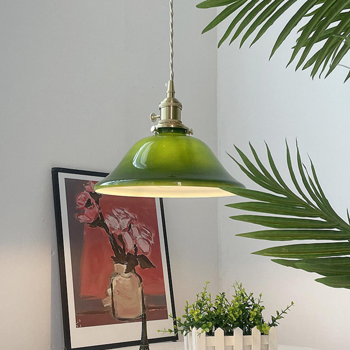 Modern Green White Glass Dome Metal Pendant Light Image - 3