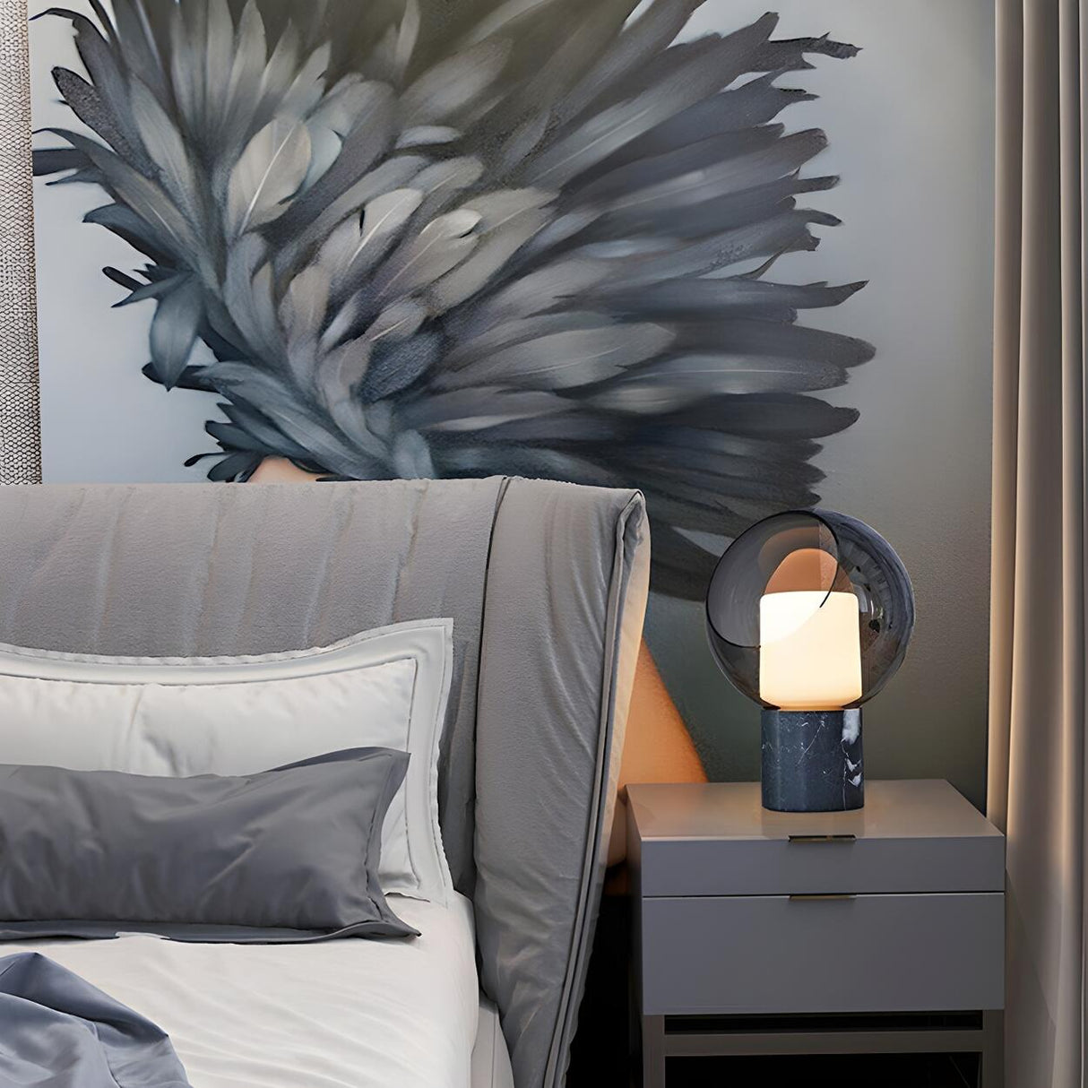 Modern Grey Dome Shade Bedroom Bedside Table Lamp Image - 8