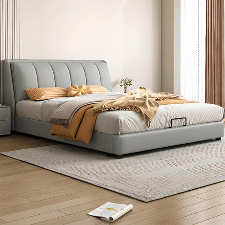 Modern Grey Leather Queen Storage Bed with Headboard Image - 1