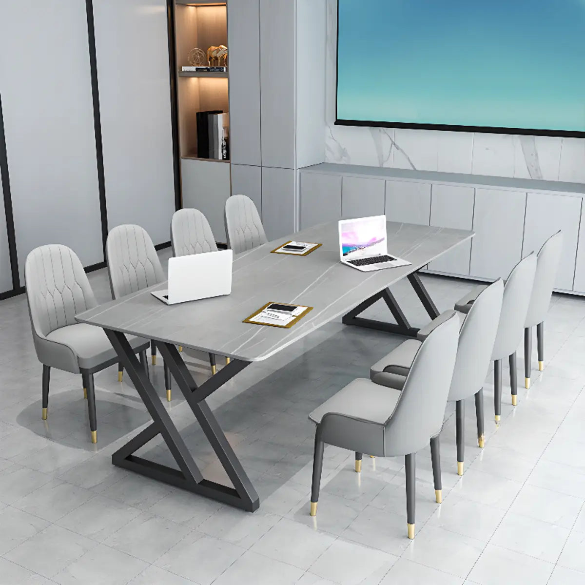 Modern Grey Stone Rectangle Conference Writing Desk Image - 1