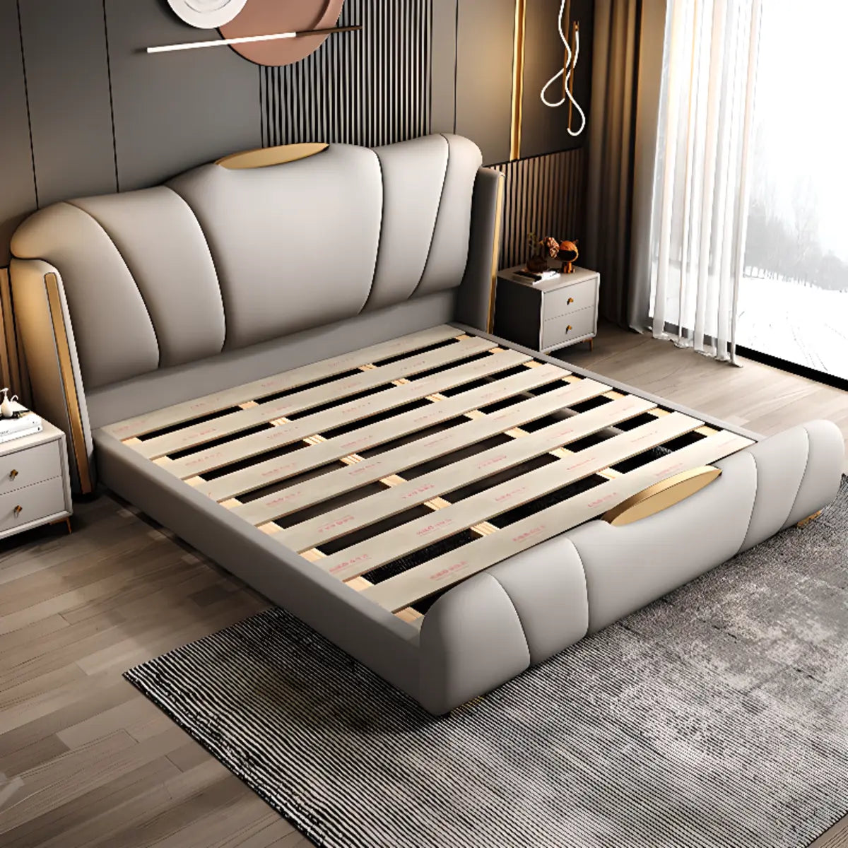 Modern Grey Upholstered Wingback Queen Storage Bed Image - 8