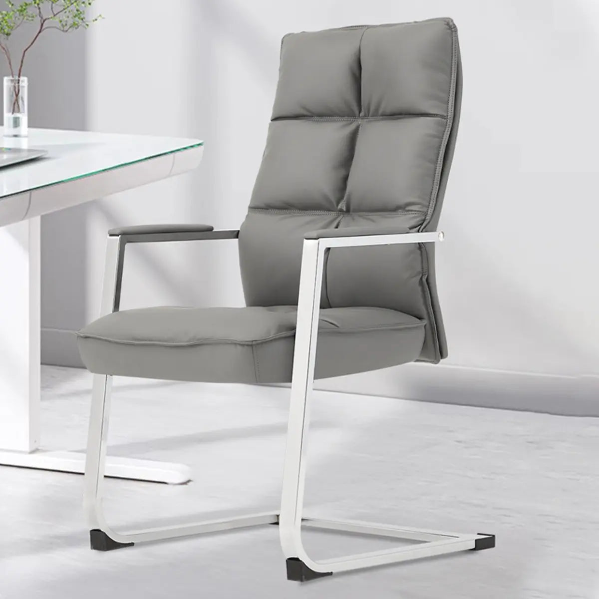 Modern High-Back Leather Grey Ergonomic Office Chair Image - 3