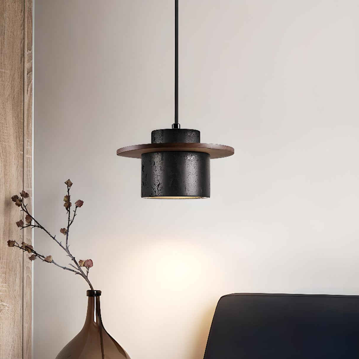 Modern Industrial Black Stone Cylinder Pendant Light Image - 1