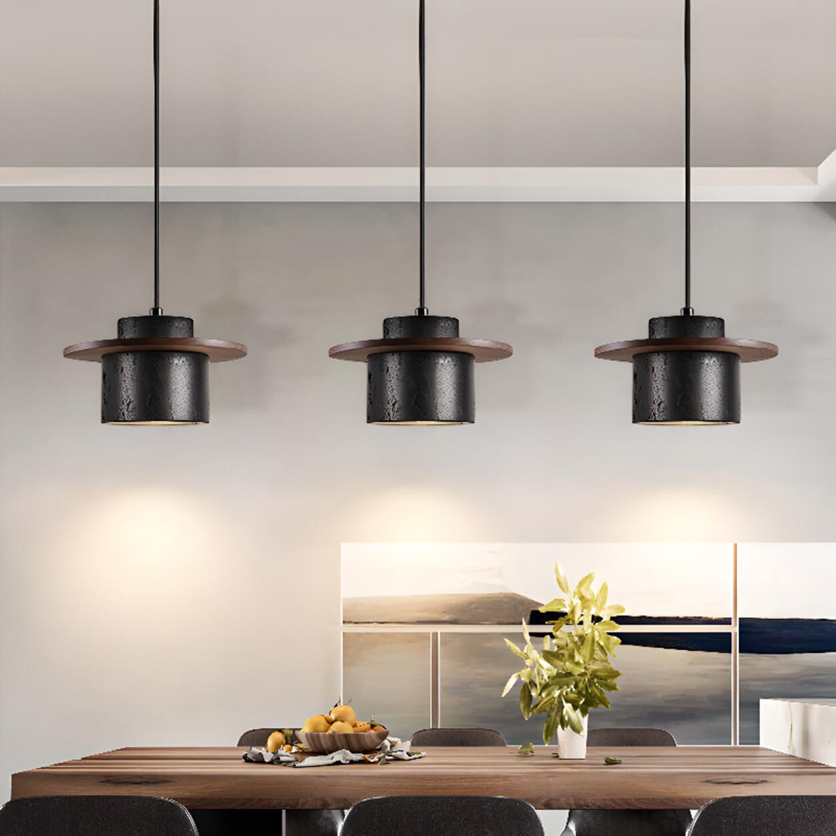 Modern Industrial Black Stone Cylinder Pendant Light Image - 6