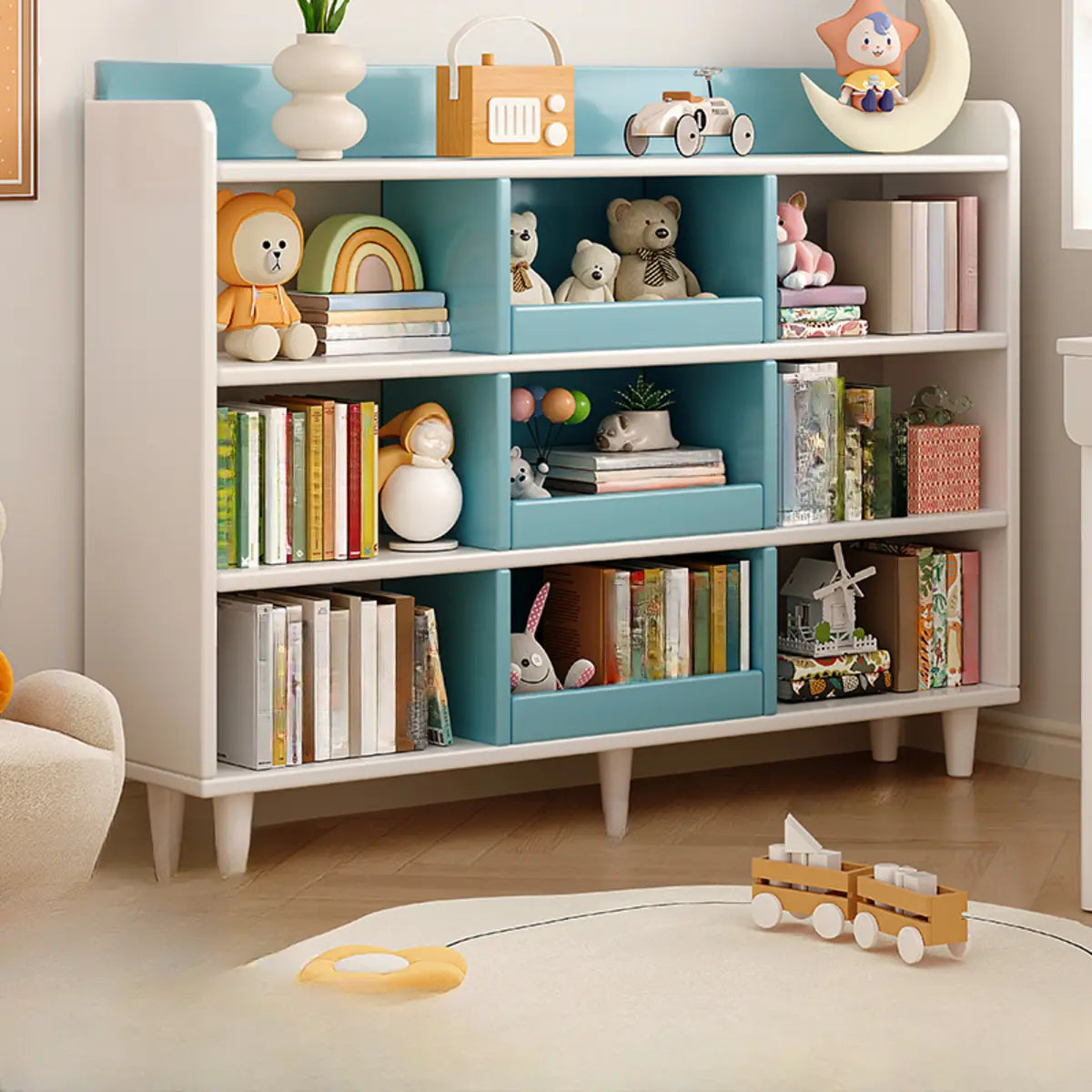 Modern Kids Closed Back Toy Organizer Wide Bookcase Image - 1