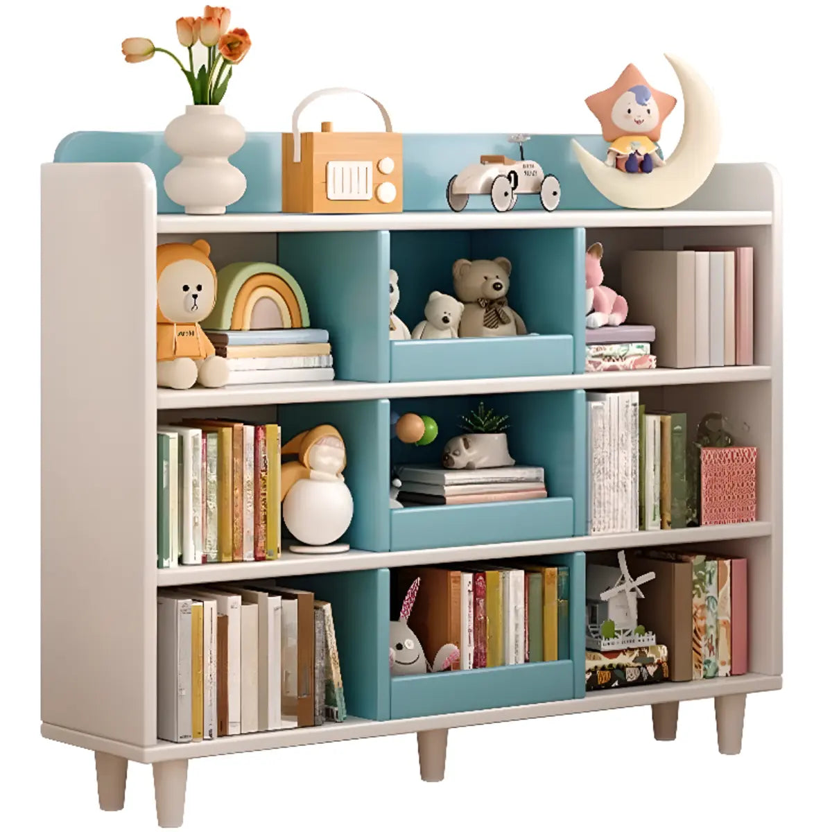 Modern Kids Closed Back Toy Organizer Wide Bookcase Image - 11