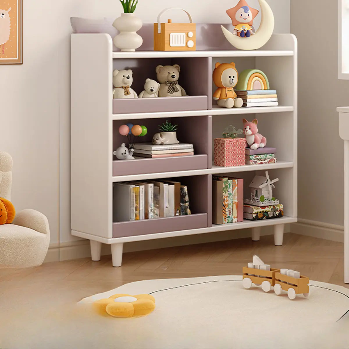 Modern Kids Closed Back Toy Organizer Wide Bookcase Image - 17