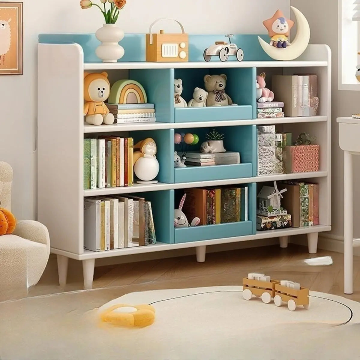 Modern Kids Closed Back Toy Organizer Wide Bookcase Image - 18