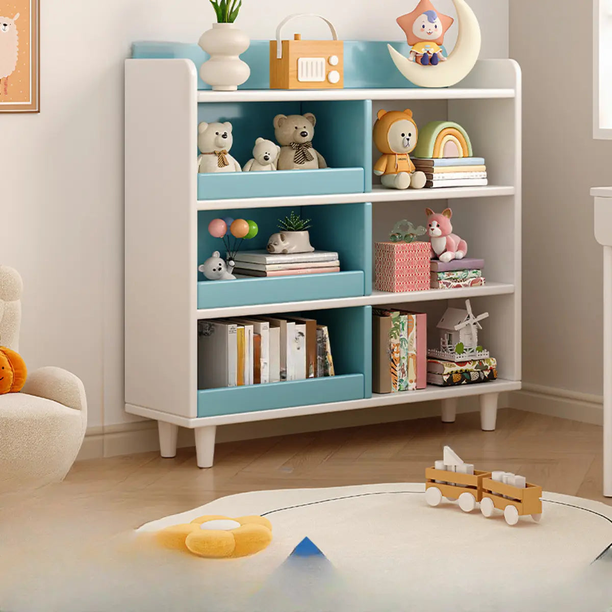 Modern Kids Closed Back Toy Organizer Wide Bookcase Image - 2