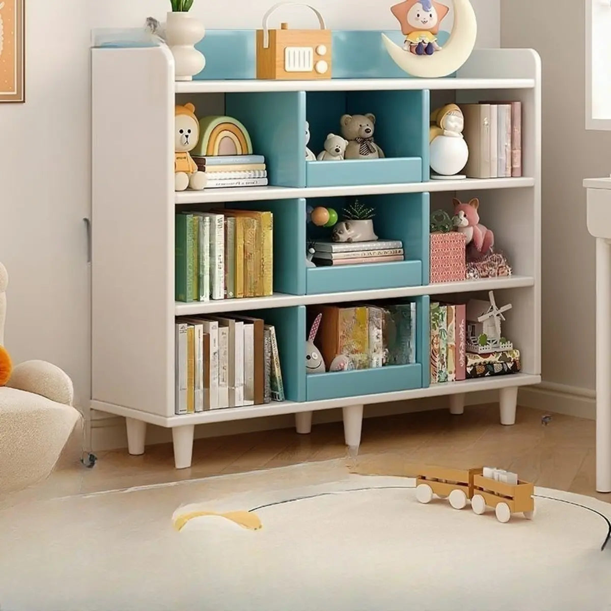 Modern Kids Closed Back Toy Organizer Wide Bookcase Image - 25