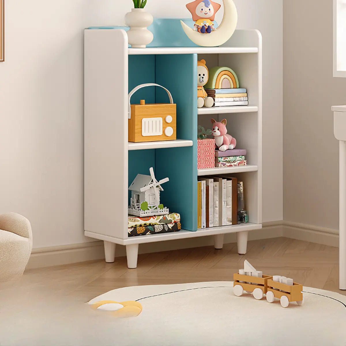 Modern Kids Closed Back Toy Organizer Wide Bookcase Image - 3