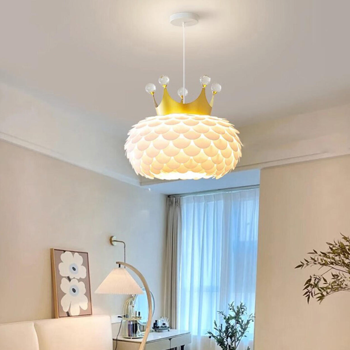 Modern Kids Room Crown Drum Petal Clear Pendant Light Image - 1