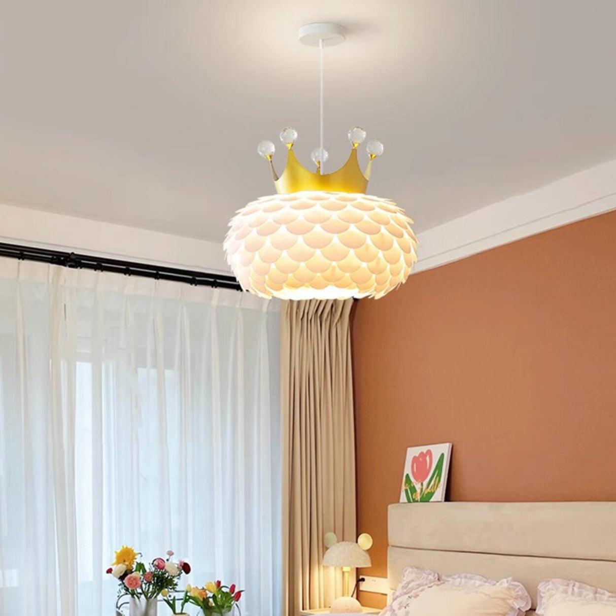 Modern Kids Room Crown Drum Petal Clear Pendant Light Image - 5