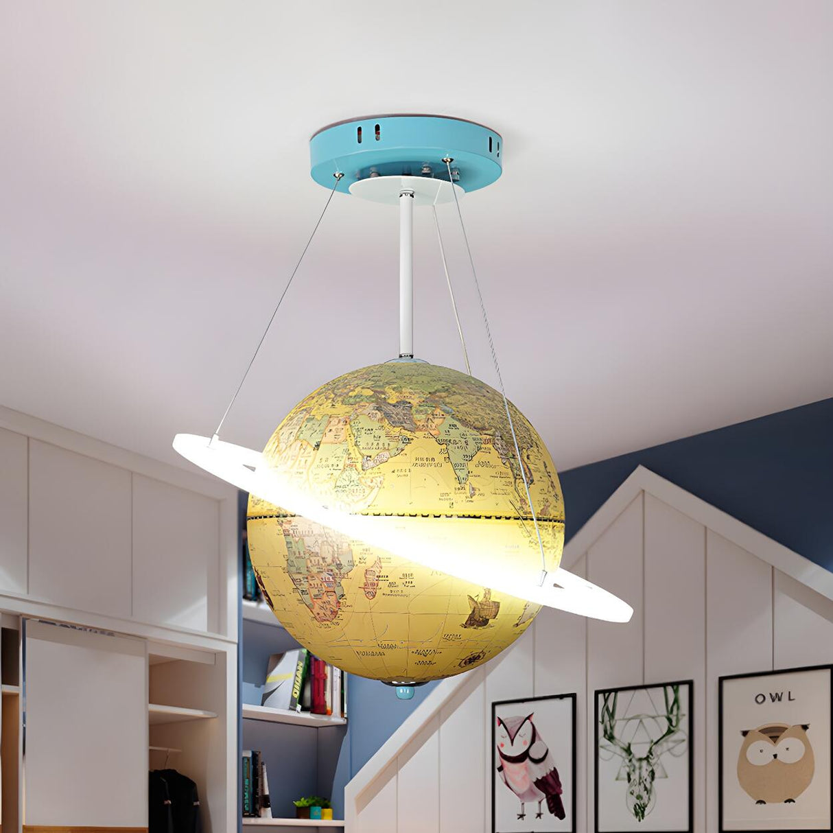 Modern Kids Room Yellow World Globe Saturn Ring Chandelier Image - 2