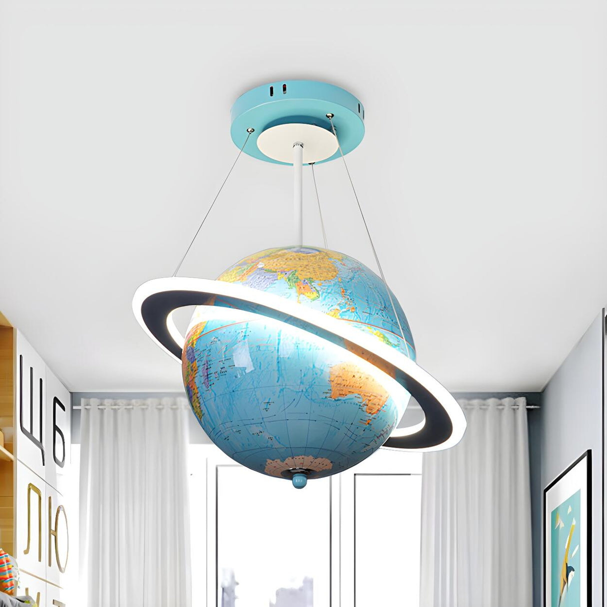 Modern Kids Room Yellow World Globe Saturn Ring Chandelier Image - 5