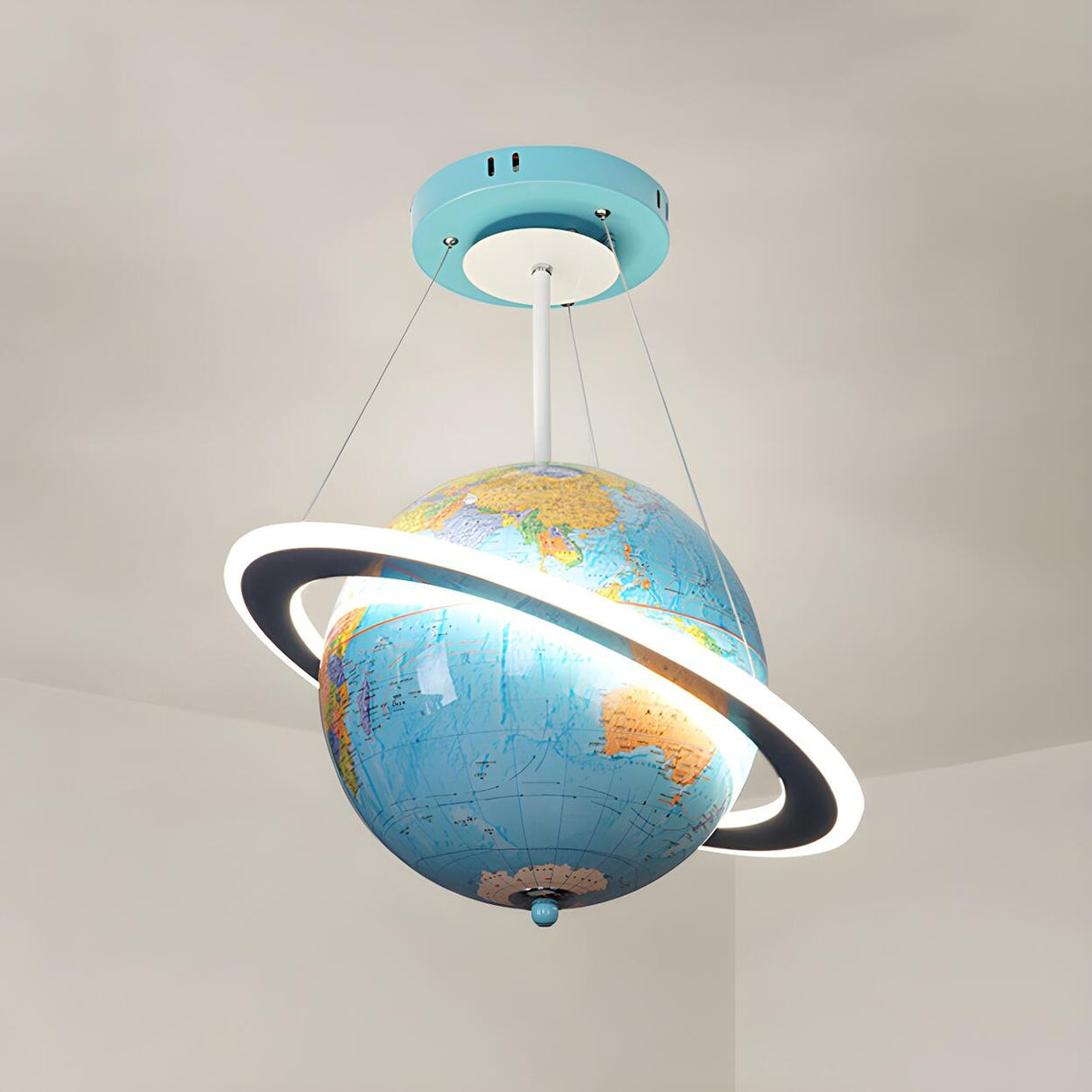 Modern Kids Room Yellow World Globe Saturn Ring Chandelier Image - 6