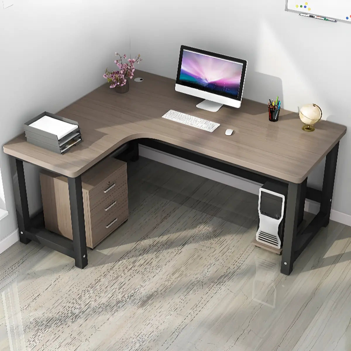 Modern L-Shape Gray Wood H-Shape Base Computer Desk Image - 1