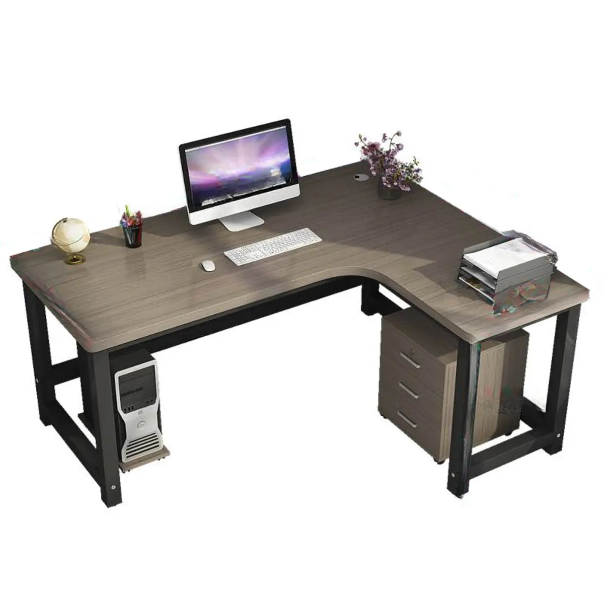 Modern L-Shape Gray Wood H-Shape Base Computer Desk Image - 3