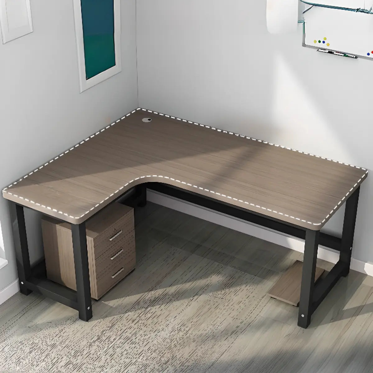 Modern L-Shape Gray Wood H-Shape Base Computer Desk Image - 4